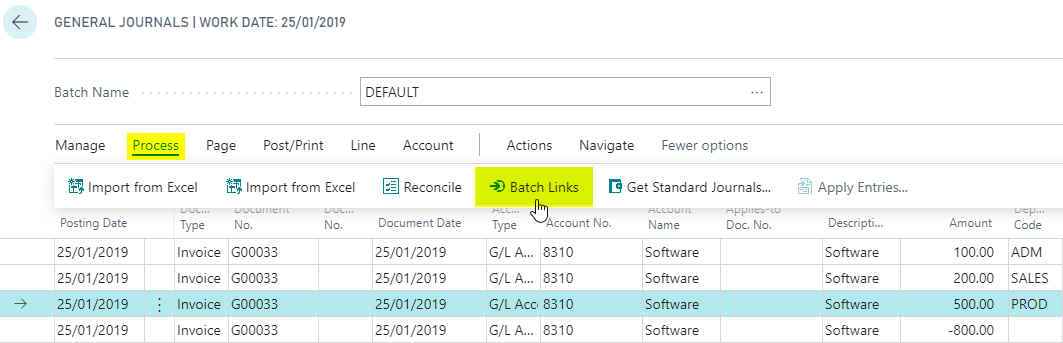 GL journal page batch links GL journal page batch links